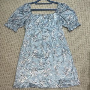 Lulus What a Sweetheart Blue Floral Print Satin Puff Sleeve Mini Dress, Size S